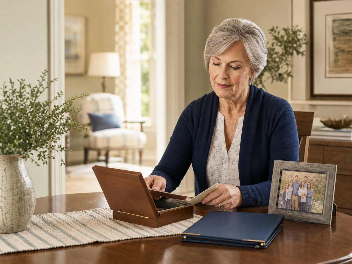 Mature woman organizing family records and planning documents