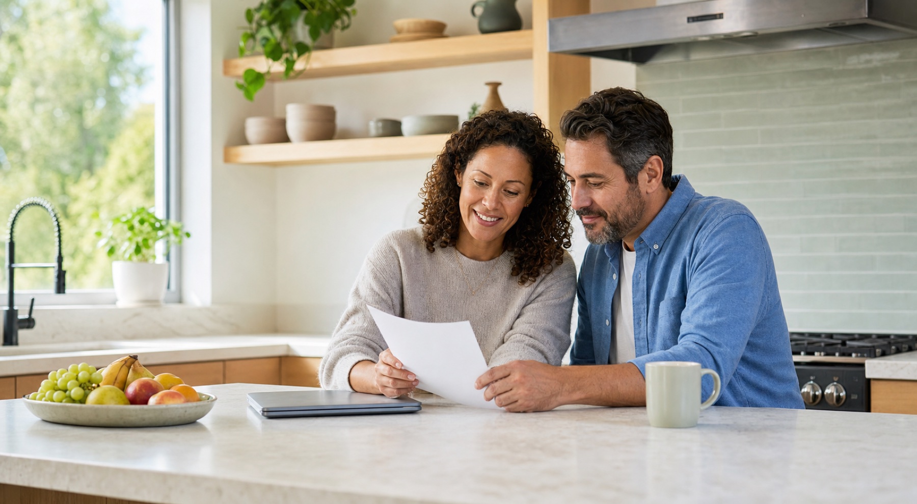 A couple reviewing paperwork together at home