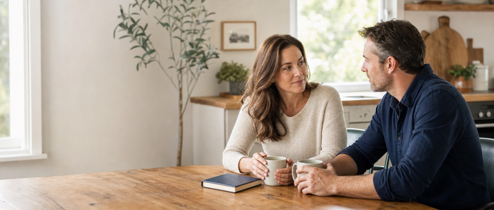 A couple having a thoughtful planning conversation at their kitchen table