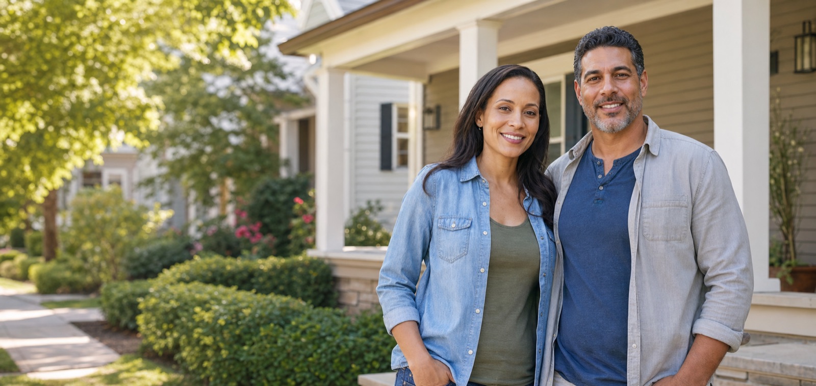 A couple standing together outside their family home
