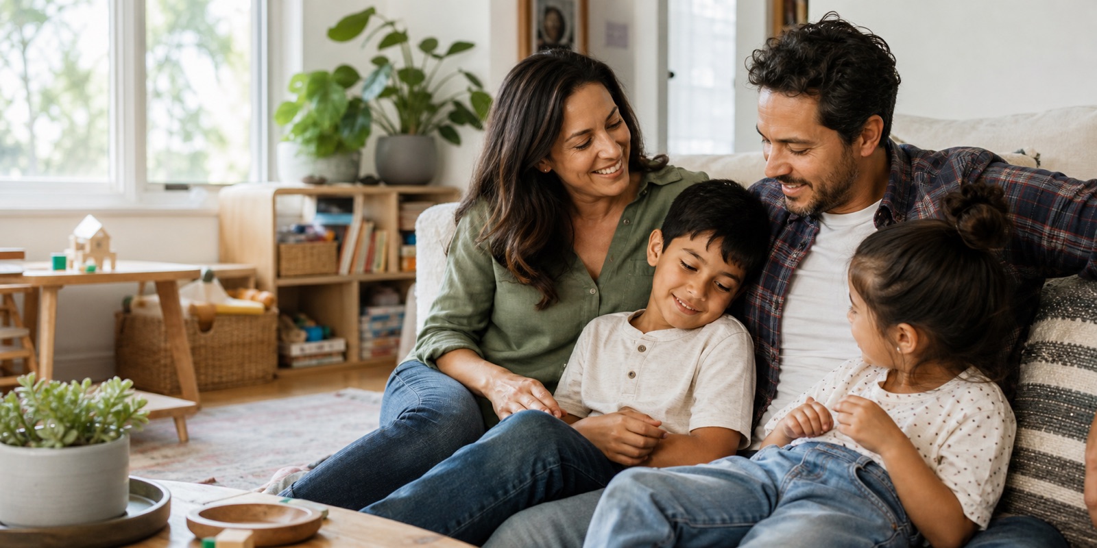 Parents spending relaxed time at home with their children