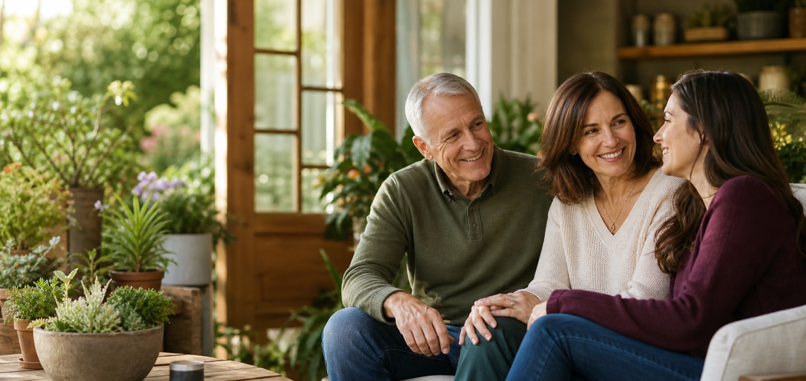A couple sharing time with their adult daughter in a bright garden room